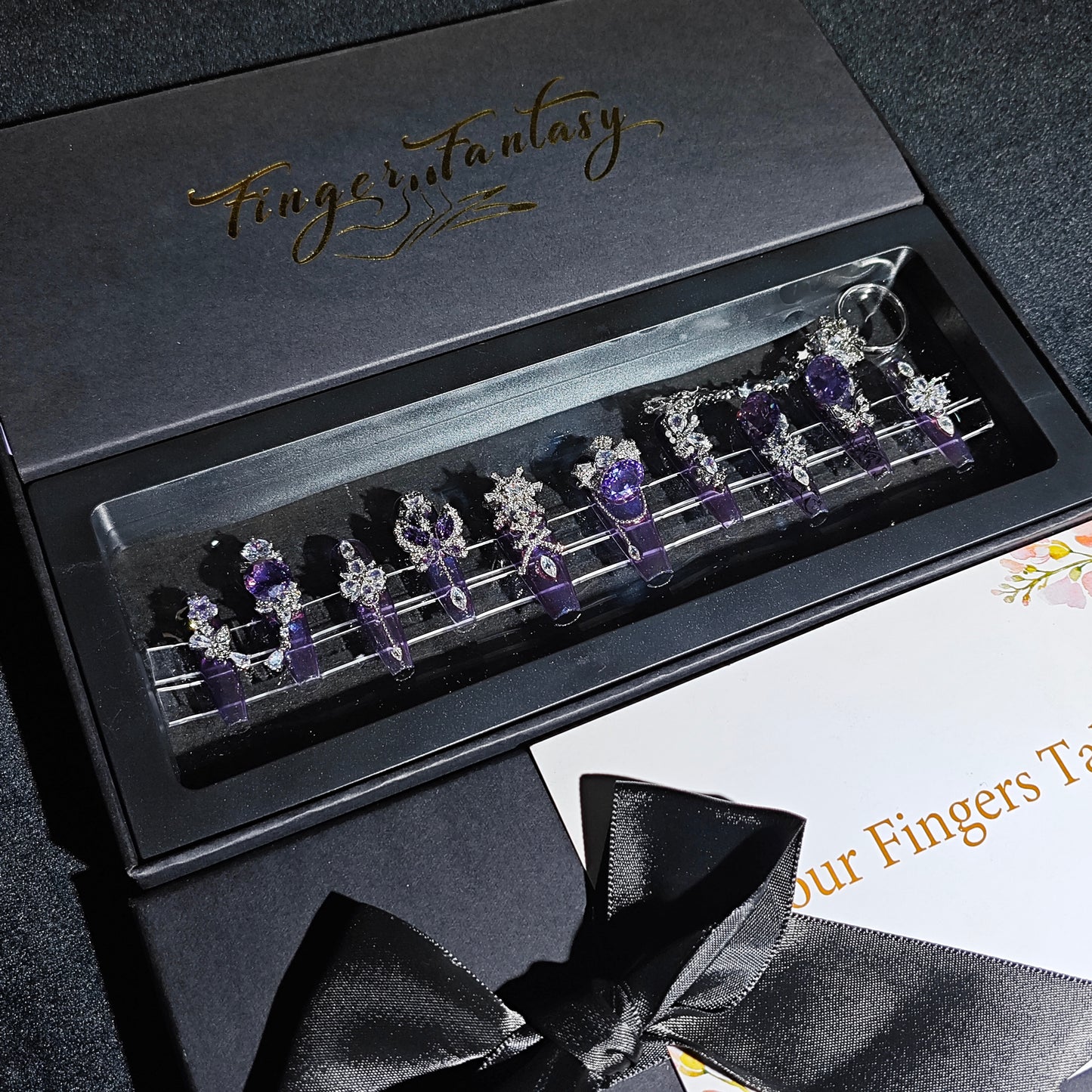 D132Finger Fantasy- Crystal Fantasy Luxury Rhinestone Handmade Press-On Nail Set with Gift Box & Greeting Card, 10pcs Elegant Nail Art Kit for Manicure, Perfect for Christmas Gift and Holiday Glam(DM0132)