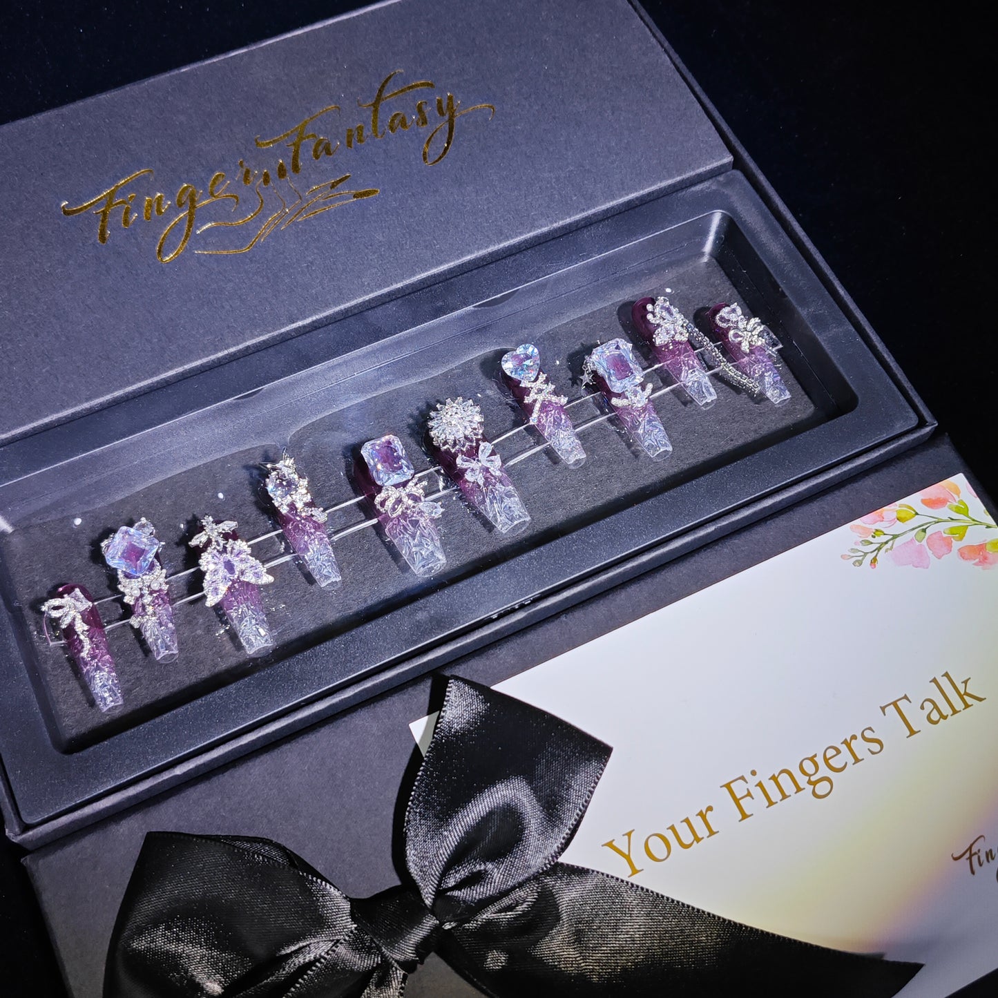 D104Finger Fantasy- Crystal Fantasy Luxury Rhinestone Handmade Press-On Nail Set with Gift Box & Greeting Card, 10pcs Elegant Nail Art Kit for Manicure, Perfect for Christmas Gift and Holiday Glam(DM0104)