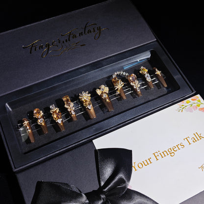 D123Finger Fantasy- Crystal Fantasy Luxury Rhinestone Handmade Press-On Nail Set with Gift Box & Greeting Card, 10pcs Elegant Nail Art Kit for Manicure, Perfect for Christmas Gift and Holiday Glam(DM0123)