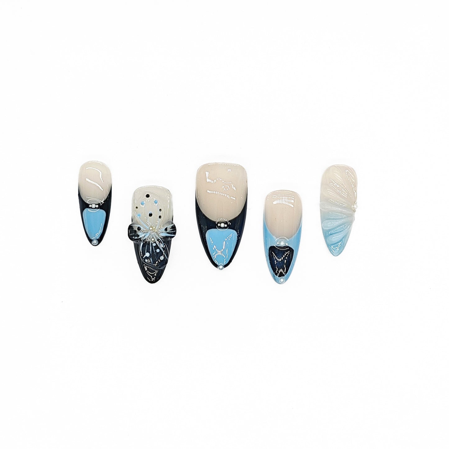 Finger Fantasy-Classic Fantasy Luxury Handmade blue black Press On Nail Set with Gift Box & Greeting Card, 10pcs Elegant Nail Art Kit for Manicure, Perfect for Gifts and Holiday Glam(NM0022)