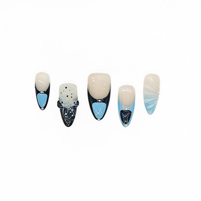 Finger Fantasy-Classic Fantasy Luxury Handmade blue black Press On Nail Set with Gift Box & Greeting Card, 10pcs Elegant Nail Art Kit for Manicure, Perfect for Gifts and Holiday Glam(NM0022)