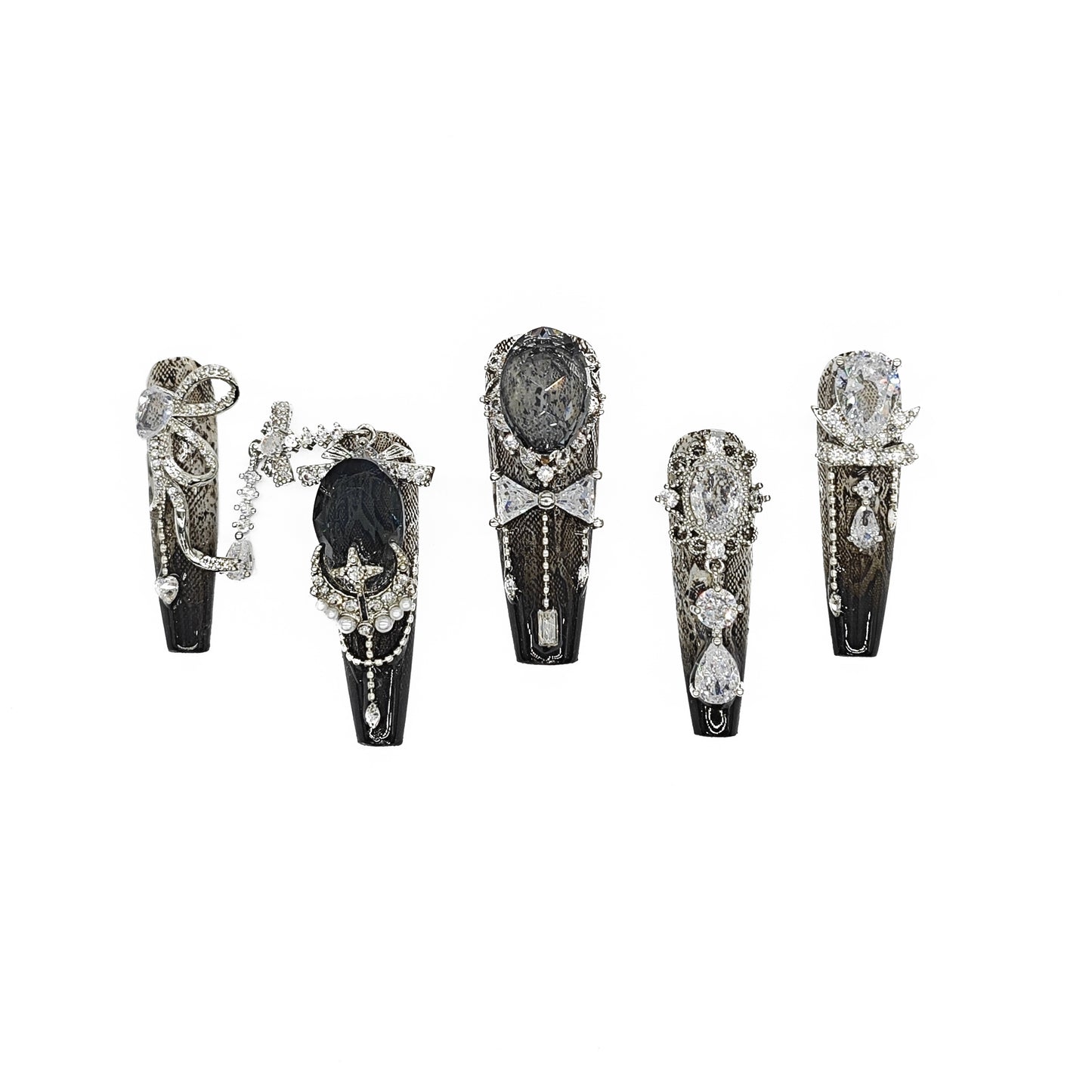 Finger Fantasy- Crystal Fantasy Luxury Rhinestone Handmade black snake Press-On Nail Set with Gift Box & Greeting Card, 10pcs Elegant Nail Art Kit for Manicure, Perfect for Gifts and Holiday Glam(DM0011/0012)