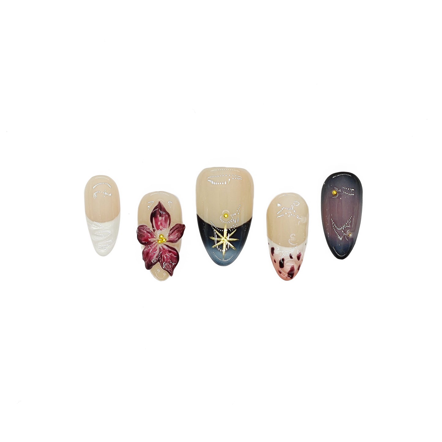 Finger Fantasy-Classic Fantasy Luxury Handmade flower Press On Nail Set with Gift Box & Greeting Card, 10pcs Elegant Nail Art Kit for Manicure, Perfect for Gifts and Holiday Glam(NM0009)