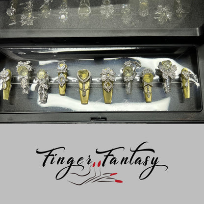 Finger Fantasy- Crystal Fantasy Luxury Rhinestone Handmade Press-On Nail Set with Gift Box & Greeting Card, 10pcs Elegant Nail Art Kit for Manicure, Perfect for Gifts and Holiday Glam(DM0018-21/24/25)