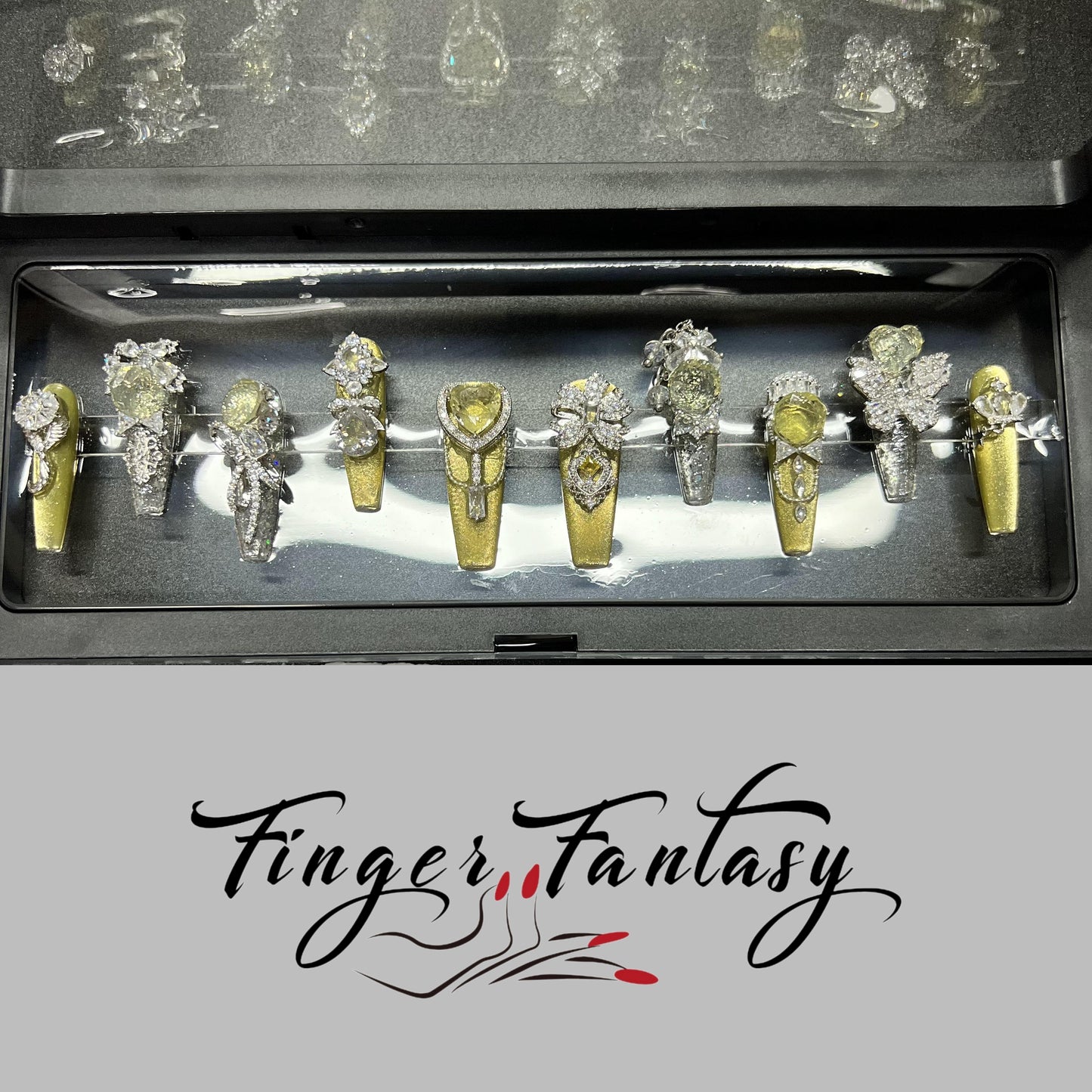 Finger Fantasy- Crystal Fantasy Luxury Rhinestone Handmade Press-On Nail Set with Gift Box & Greeting Card, 10pcs Elegant Nail Art Kit for Manicure, Perfect for Gifts and Holiday Glam(DM0018-21/24/25)