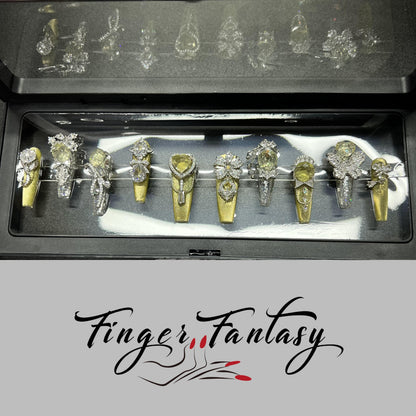 Finger Fantasy- Crystal Fantasy Luxury Rhinestone Handmade Press-On Nail Set with Gift Box & Greeting Card, 10pcs Elegant Nail Art Kit for Manicure, Perfect for Gifts and Holiday Glam(DM0018-21/24/25)