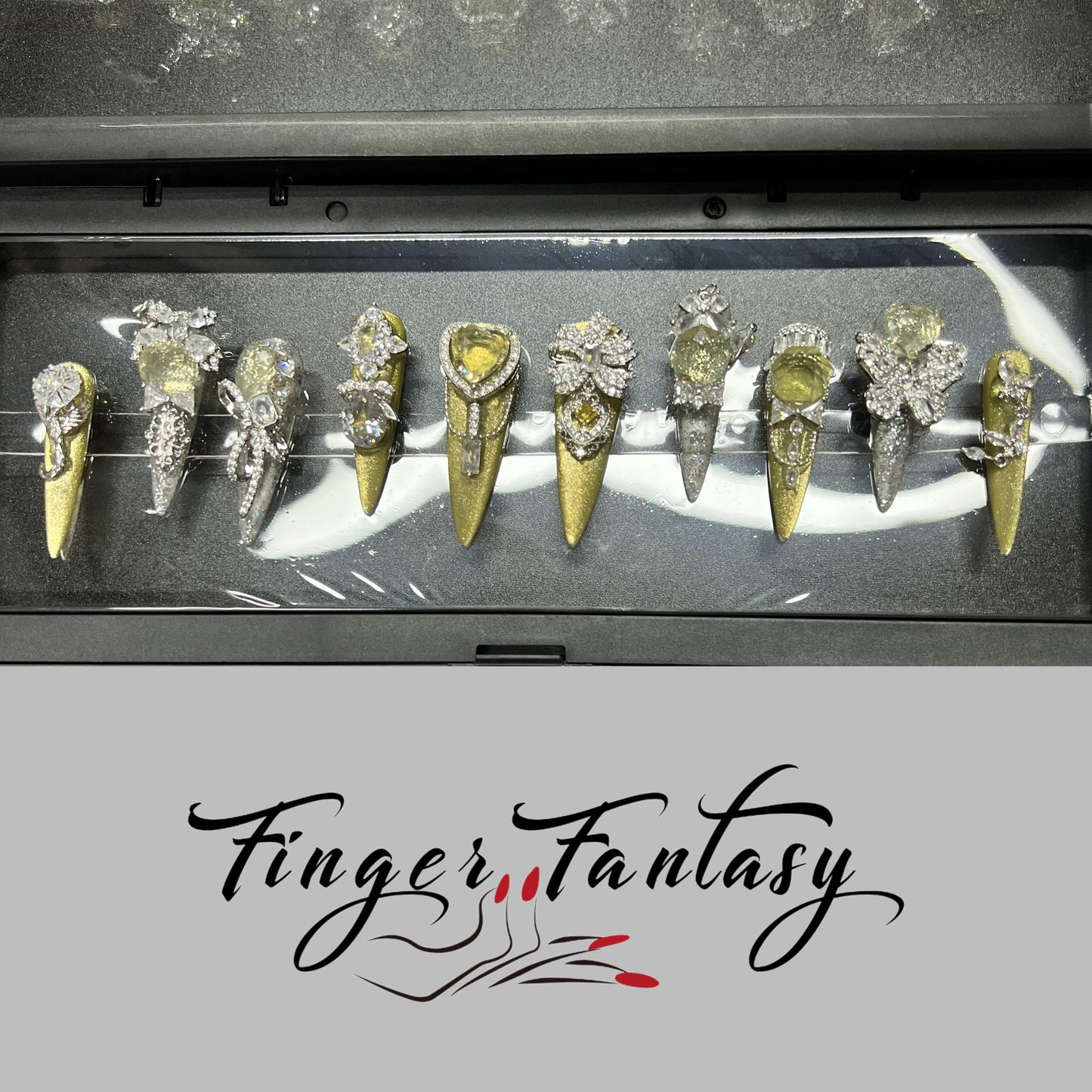 Finger Fantasy- Crystal Fantasy Luxury Rhinestone Handmade Press-On Nail Set with Gift Box & Greeting Card, 10pcs Elegant Nail Art Kit for Manicure, Perfect for Gifts and Holiday Glam(DM0018-21/24/25)