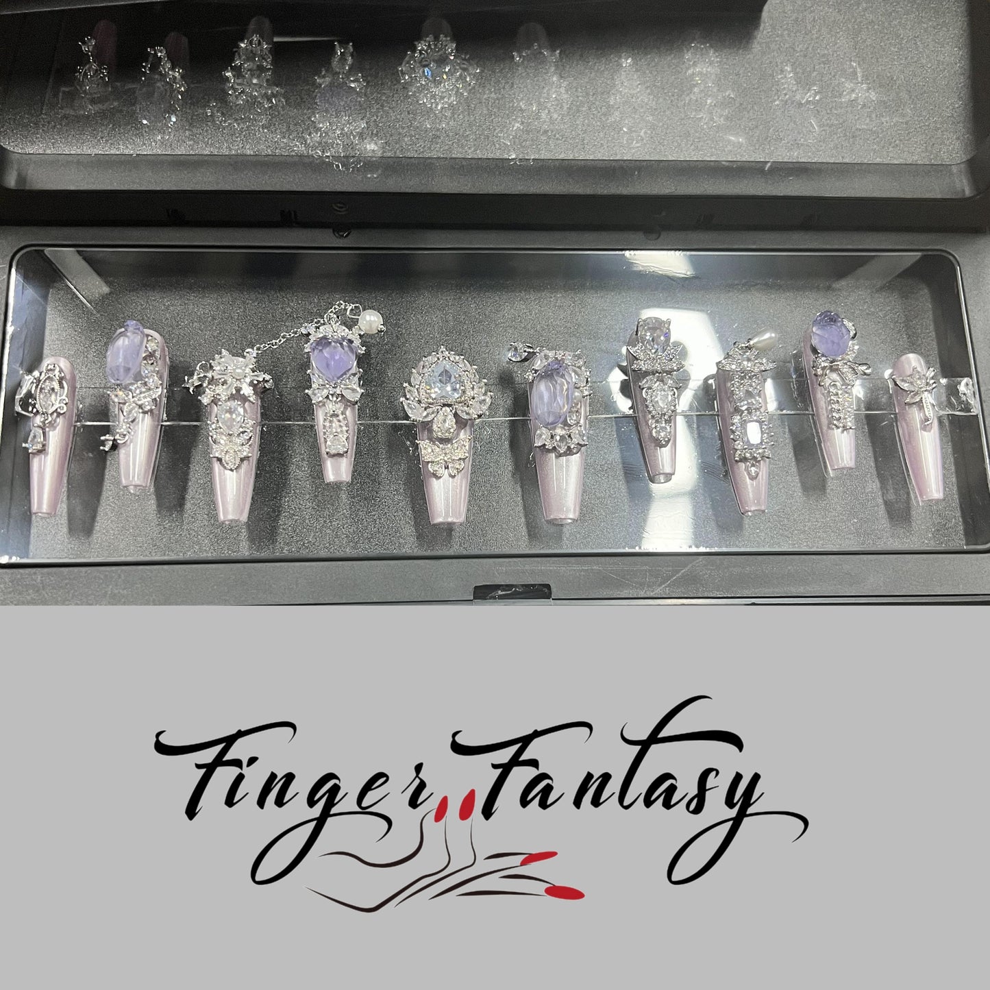 Finger Fantasy- Crystal Fantasy Luxury Rhinestone Handmade Press-On Nail Set with Gift Box & Greeting Card, 10pcs Elegant Nail Art Kit for Manicure, Perfect for Gifts and Holiday Glam(DM0047/52/53)