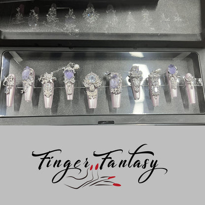Finger Fantasy- Crystal Fantasy Luxury Rhinestone Handmade Press-On Nail Set with Gift Box & Greeting Card, 10pcs Elegant Nail Art Kit for Manicure, Perfect for Gifts and Holiday Glam(DM0047/52/53)