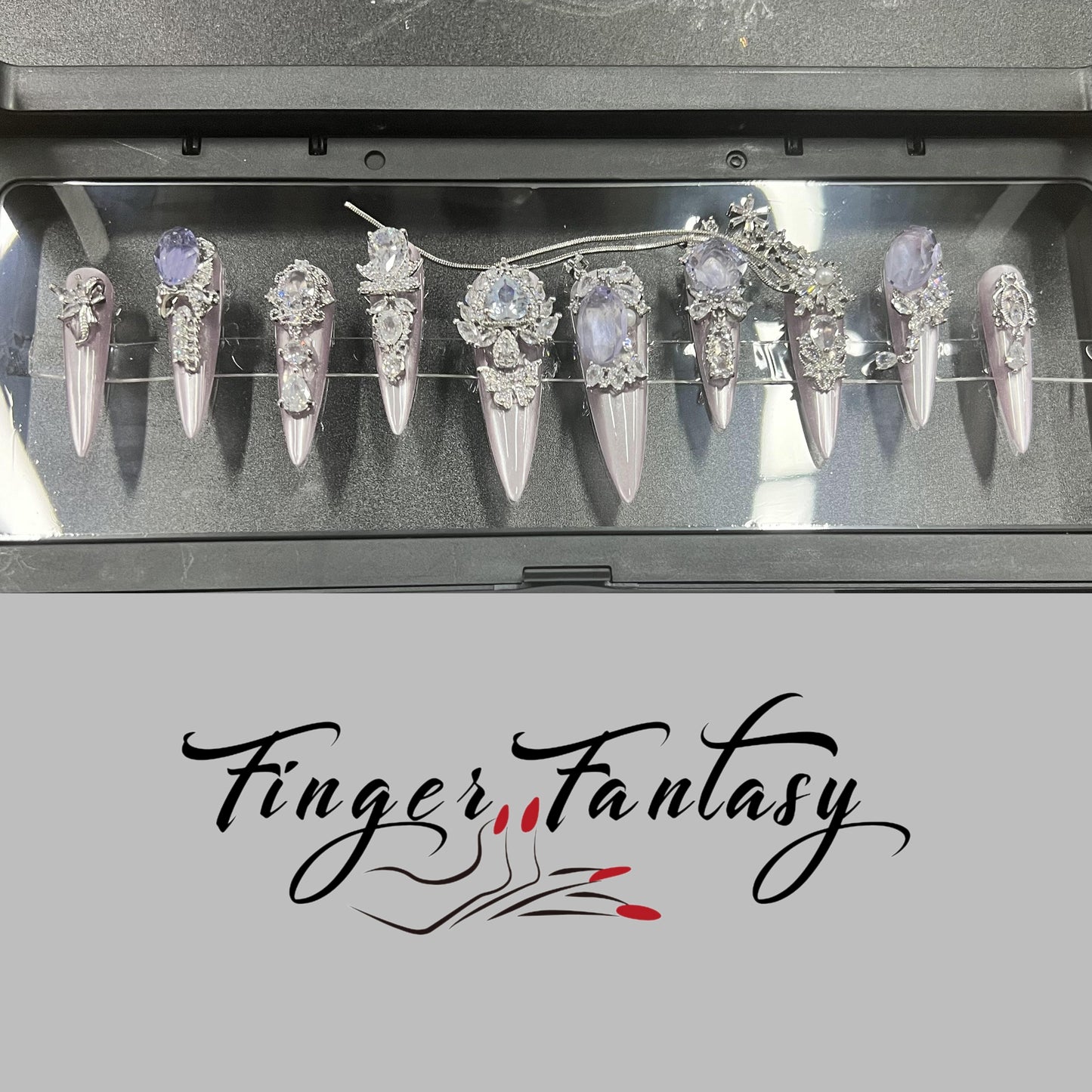 Finger Fantasy- Crystal Fantasy Luxury Rhinestone Handmade Press-On Nail Set with Gift Box & Greeting Card, 10pcs Elegant Nail Art Kit for Manicure, Perfect for Gifts and Holiday Glam(DM0047/52/53)