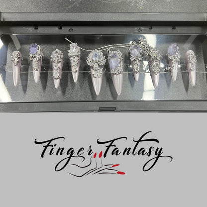 Finger Fantasy- Crystal Fantasy Luxury Rhinestone Handmade Press-On Nail Set with Gift Box & Greeting Card, 10pcs Elegant Nail Art Kit for Manicure, Perfect for Gifts and Holiday Glam(DM0047/52/53)