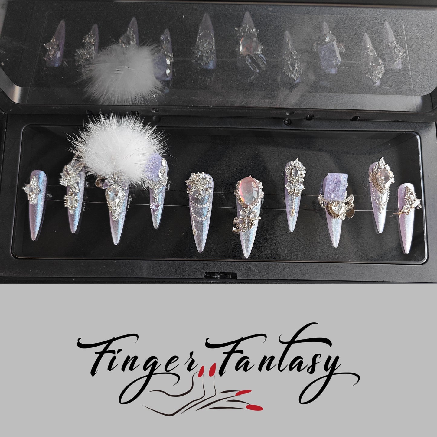 Finger Fantasy- Crystal Fantasy Luxury Rhinestone Handmade Press-On Nail Set with Gift Box & Greeting Card, 10pcs Elegant Nail Art Kit for Manicure, Perfect for Gifts and Holiday Glam(DM0062-66)