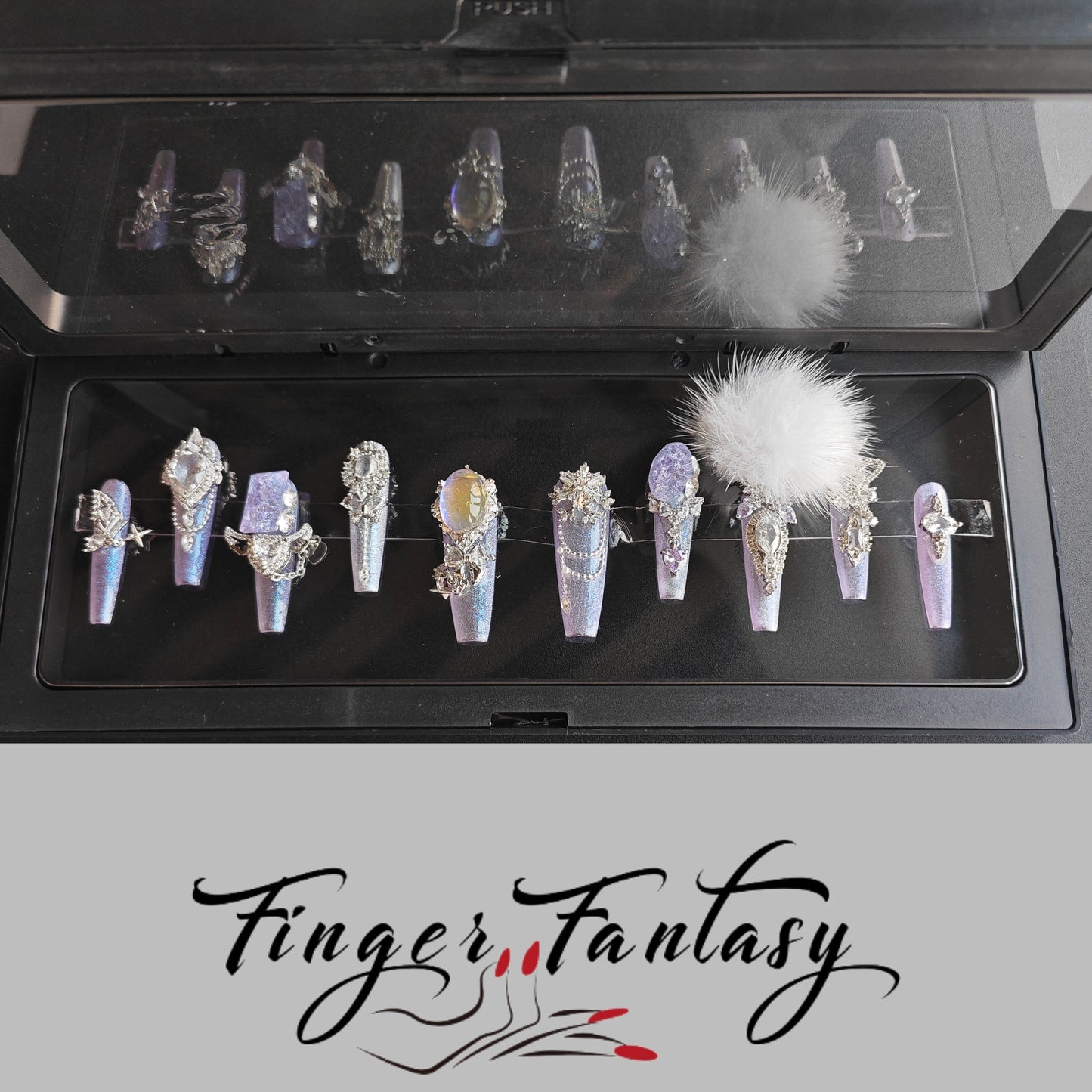 Finger Fantasy- Crystal Fantasy Luxury Rhinestone Handmade Press-On Nail Set with Gift Box & Greeting Card, 10pcs Elegant Nail Art Kit for Manicure, Perfect for Gifts and Holiday Glam(DM0062-66)