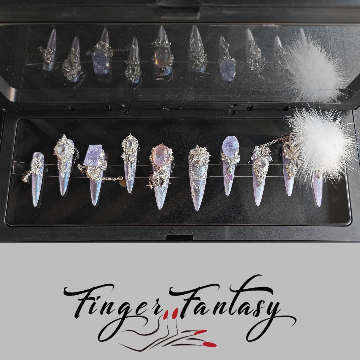 Finger Fantasy- Crystal Fantasy Luxury Rhinestone Handmade Press-On Nail Set with Gift Box & Greeting Card, 10pcs Elegant Nail Art Kit for Manicure, Perfect for Gifts and Holiday Glam(DM0062-66)