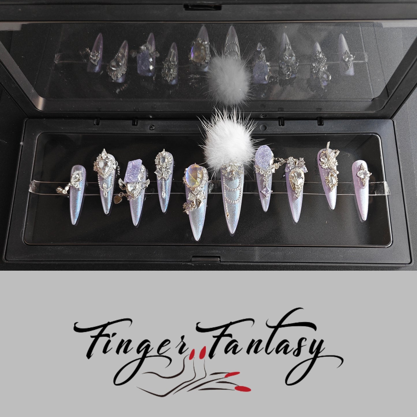 Finger Fantasy- Crystal Fantasy Luxury Rhinestone Handmade Press-On Nail Set with Gift Box & Greeting Card, 10pcs Elegant Nail Art Kit for Manicure, Perfect for Gifts and Holiday Glam(DM0062-66)