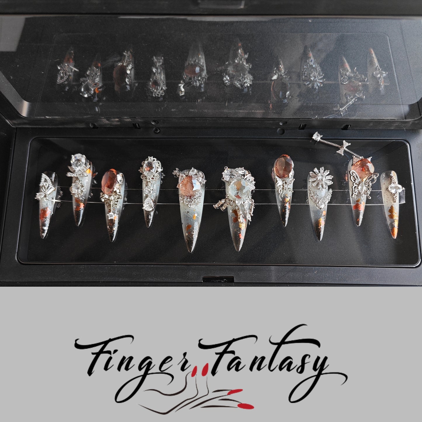 Finger Fantasy- Crystal Fantasy Luxury Rhinestone Handmade Press-On Nail Set with Gift Box & Greeting Card, 10pcs Elegant Nail Art Kit for Manicure, Perfect for Gifts and Holiday Glam(DM0067-69/84/93/94/96/97)