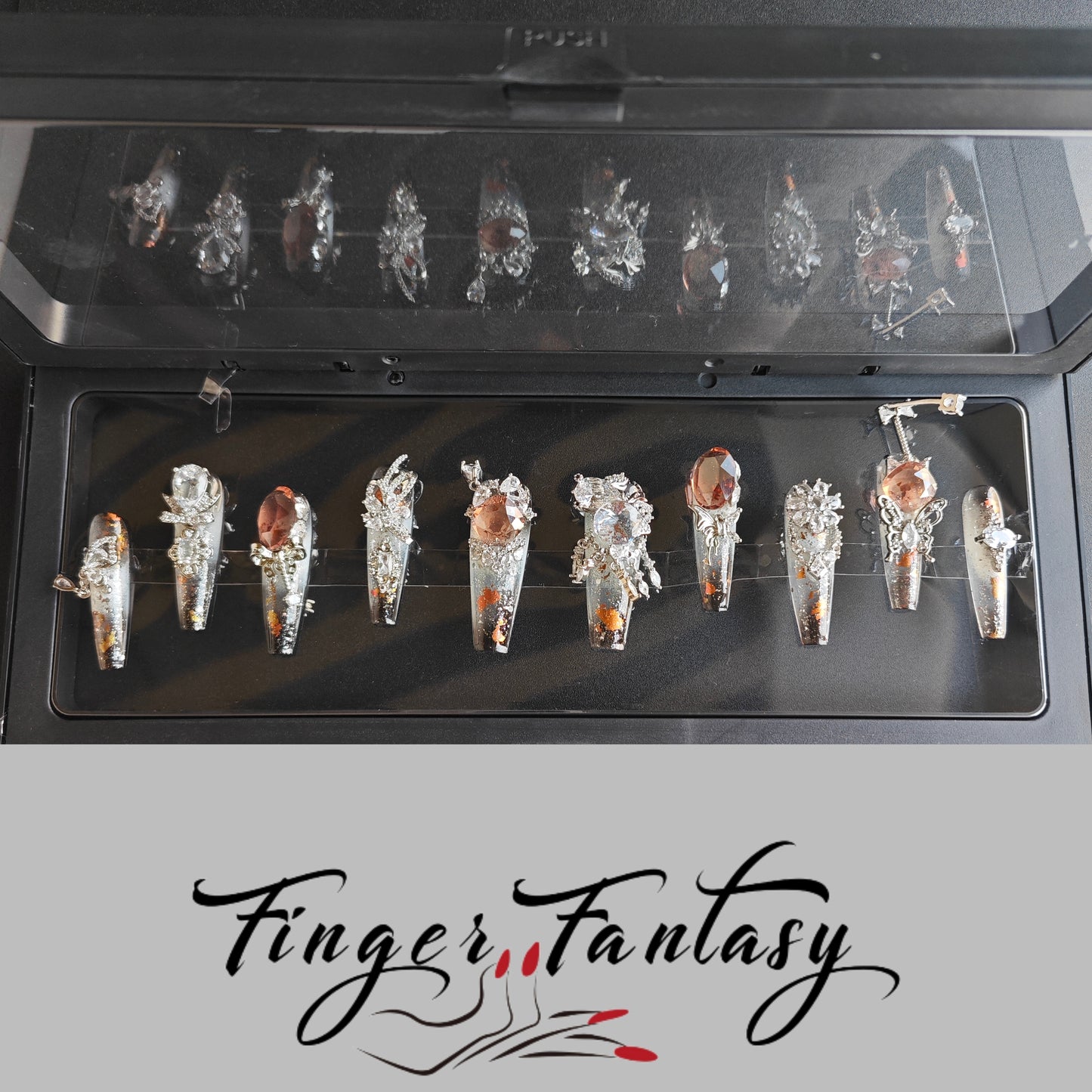 Finger Fantasy- Crystal Fantasy Luxury Rhinestone Handmade Press-On Nail Set with Gift Box & Greeting Card, 10pcs Elegant Nail Art Kit for Manicure, Perfect for Gifts and Holiday Glam(DM0067-69/84/93/94/96/97)