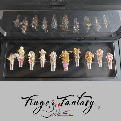 Finger Fantasy- Crystal Fantasy Luxury Rhinestone Handmade Press-On Nail Set with Gift Box & Greeting Card, 10pcs Elegant Nail Art Kit for Manicure, Perfect for Gifts and Holiday Glam(DM0095/98-101)