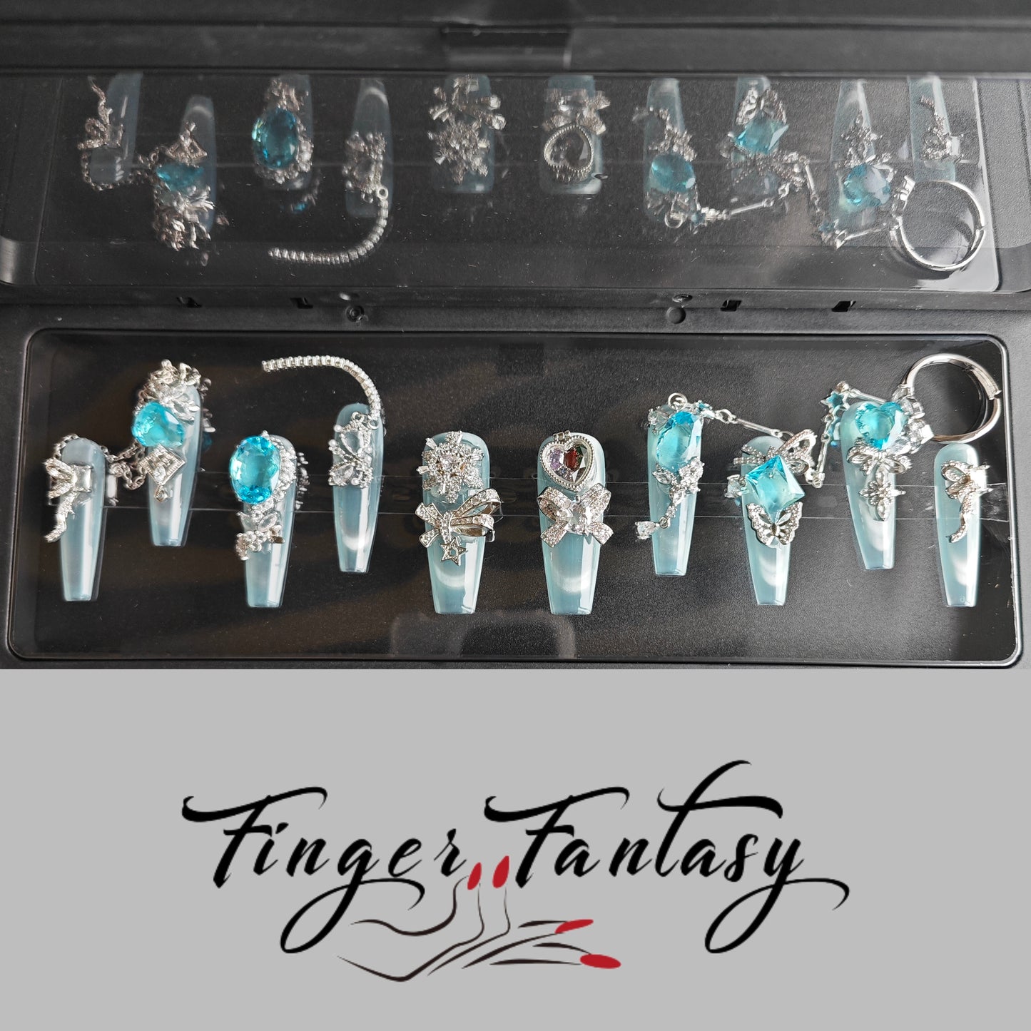 Finger Fantasy- Crystal Fantasy Luxury Rhinestone Handmade Press-On Nail Set with Gift Box & Greeting Card, 10pcs Elegant Nail Art Kit for Manicure, Perfect for Gifts and Holiday Glam(DM0116/117)