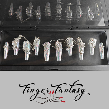 Finger Fantasy- Crystal Fantasy Luxury Rhinestone Handmade Press-On Nail Set with Gift Box & Greeting Card, 10pcs Elegant Nail Art Kit for Manicure, Perfect for Gifts and Holiday Glam(DM0119-120)