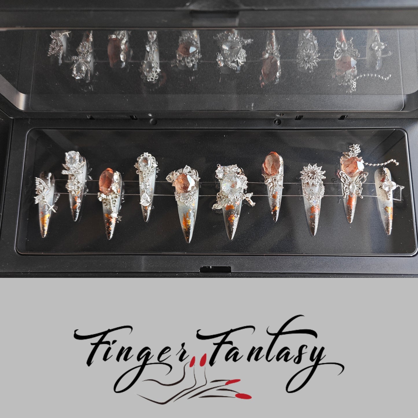 Finger Fantasy- Crystal Fantasy Luxury Rhinestone Handmade Press-On Nail Set with Gift Box & Greeting Card, 10pcs Elegant Nail Art Kit for Manicure, Perfect for Gifts and Holiday Glam(DM0067-69/84/93/94/96/97)