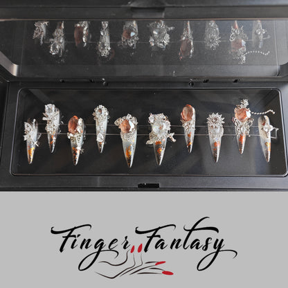 Finger Fantasy- Crystal Fantasy Luxury Rhinestone Handmade Press-On Nail Set with Gift Box & Greeting Card, 10pcs Elegant Nail Art Kit for Manicure, Perfect for Gifts and Holiday Glam(DM0067-69/84/93/94/96/97)