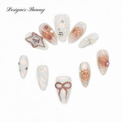 Finger Fantasy-Classic Fantasy Luxury Handmade pink Press On Nail Set with Gift Box & Greeting Card, 10pcs Elegant Nail Art Kit for Manicure, Perfect for Gifts and Holiday Glam(NM0021)