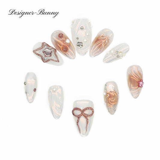 Finger Fantasy-Classic Fantasy Luxury Handmade pink Press On Nail Set with Gift Box & Greeting Card, 10pcs Elegant Nail Art Kit for Manicure, Perfect for Gifts and Holiday Glam(NM0021)