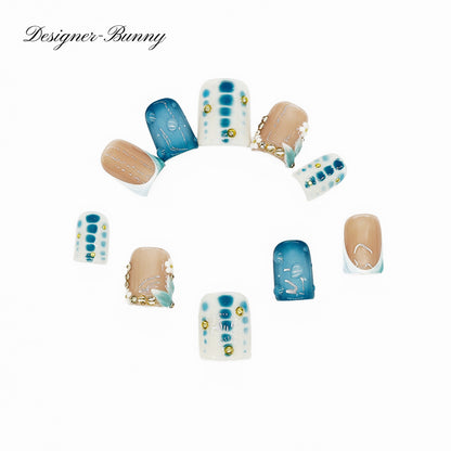 Finger Fantasy-Classic Fantasy Luxury blue Handmade Press On Nail Set with Gift Box & Greeting Card, 10pcs Elegant Nail Art Kit for Manicure, Perfect gift for girlfriend wife(NM0016)