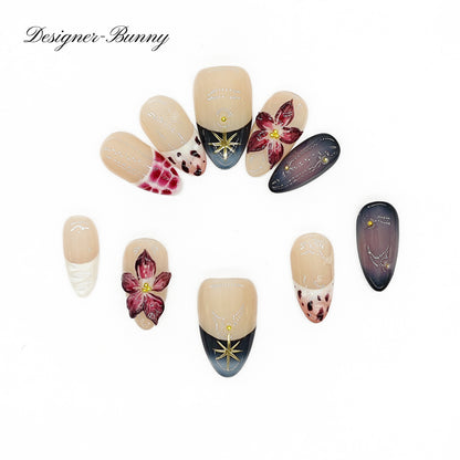 Finger Fantasy-Classic Fantasy Luxury Handmade flower Press On Nail Set with Gift Box & Greeting Card, 10pcs Elegant Nail Art Kit for Manicure, Perfect for Gifts and Holiday Glam(NM0009)