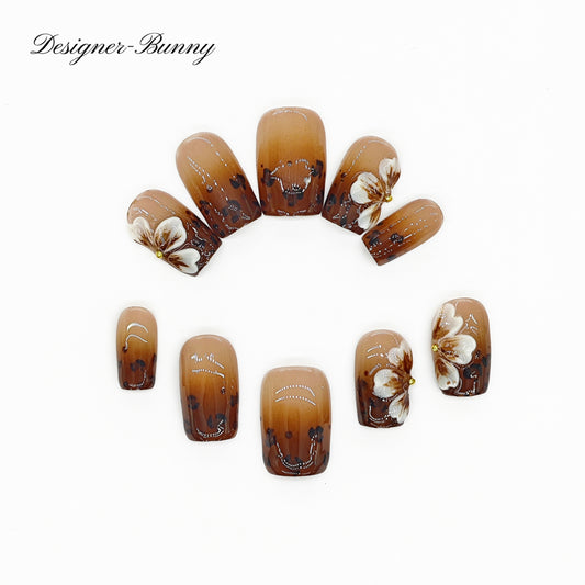 Finger Fantasy-Classic Fantasy Luxury Handmade brown Press On Nail Set with Gift Box & Greeting Card, 10pcs Elegant Nail Art Kit for Manicure, Perfect for Gifts and Holiday Glam(NM0024)