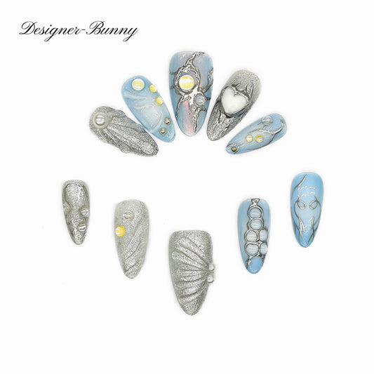 Finger Fantasy-Classic Fantasy Luxury blue Handmade Press On Nail Set with Gift Box & Greeting Card, 10pcs Elegant Nail Art Kit for Manicure, Perfect Gifts for girlfriend wife(NM0003)