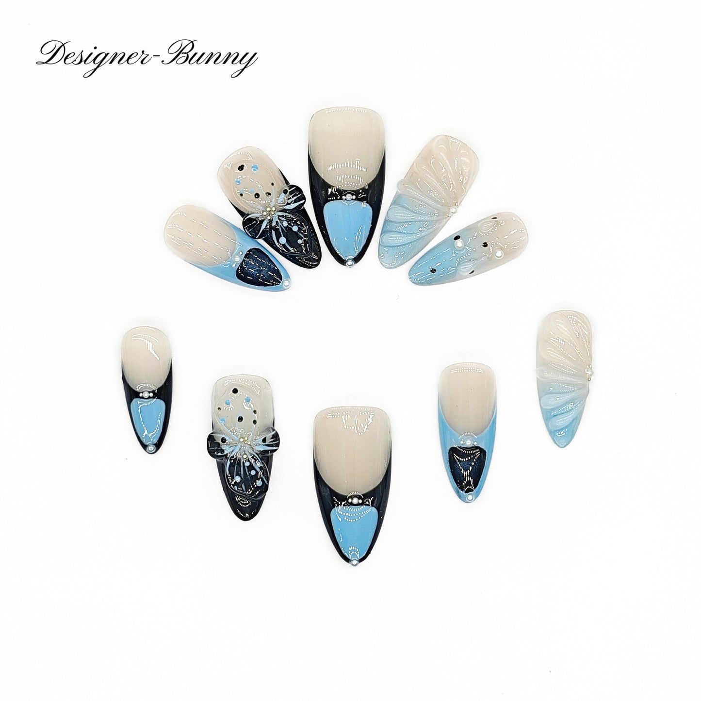 Finger Fantasy-Classic Fantasy Luxury Handmade blue black Press On Nail Set with Gift Box & Greeting Card, 10pcs Elegant Nail Art Kit for Manicure, Perfect for Gifts and Holiday Glam(NM0022)