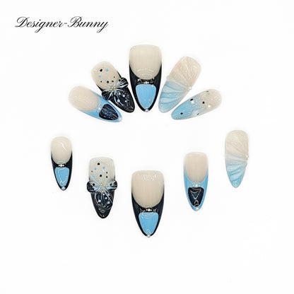 Finger Fantasy-Classic Fantasy Luxury Handmade blue black Press On Nail Set with Gift Box & Greeting Card, 10pcs Elegant Nail Art Kit for Manicure, Perfect for Gifts and Holiday Glam(NM0022)