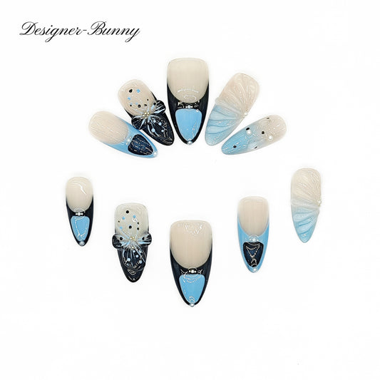 Finger Fantasy-Classic Fantasy Luxury Handmade blue black Press On Nail Set with Gift Box & Greeting Card, 10pcs Elegant Nail Art Kit for Manicure, Perfect for Gifts and Holiday Glam(NM0022)