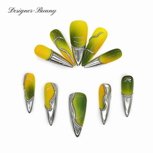 Finger Fantasy-Classic Fantasy Luxury green silver Handmade Press On Nail Set with Gift Box & Greeting Card, 10pcs Elegant Nail Art Kit for Manicure, Perfect gifts for girlfriend wife(NM0010)