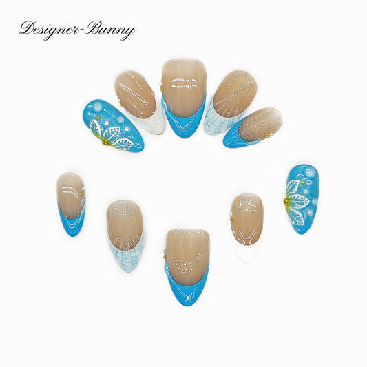 Finger Fantasy-Classic Fantasy Luxury blue Handmade Press On Nail Set with Gift Box & Greeting Card, 10pcs Elegant Nail Art Kit for Manicure, Perfect for Gifts and Holiday Glam(NM0015)