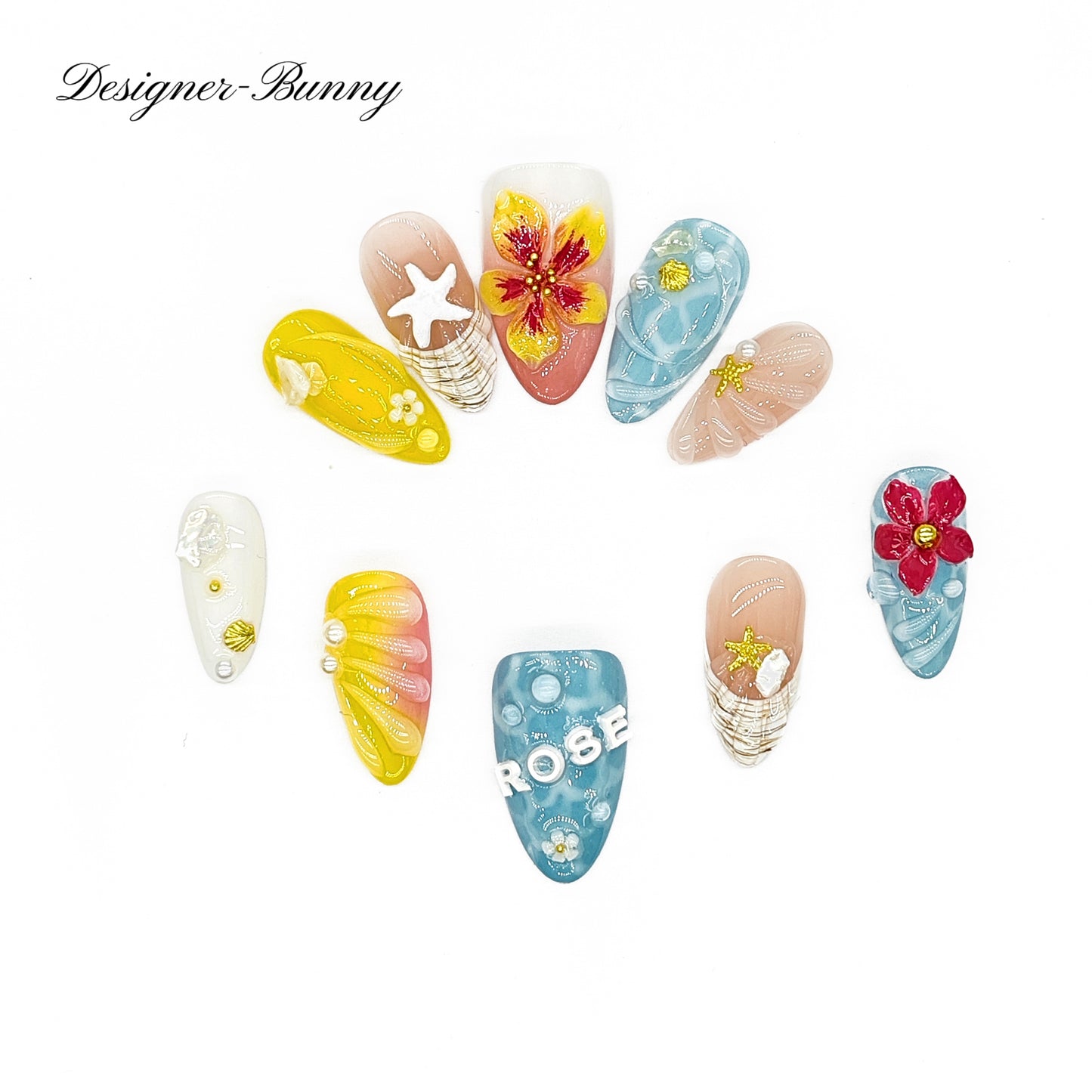 Finger Fantasy-Classic Fantasy Luxury beach Handmade Press On Nail Set with Gift Box & Greeting Card, 10pcs Elegant Nail Art Kit for Manicure, Perfect gift for girlfriend wife(NM0004)