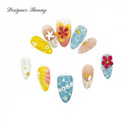 Finger Fantasy-Classic Fantasy Luxury beach Handmade Press On Nail Set with Gift Box & Greeting Card, 10pcs Elegant Nail Art Kit for Manicure, Perfect gift for girlfriend wife(NM0004)