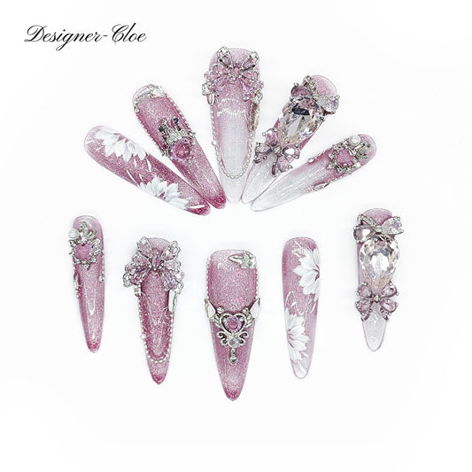 Finger Fantasy- Crystal Fantasy Luxury Rhinestone Handmade Press-On Nail Set with Gift Box & Greeting Card, 10pcs Elegant Nail Art Kit for Manicure, Perfect for Gifts and Holiday Glam(DM0042)