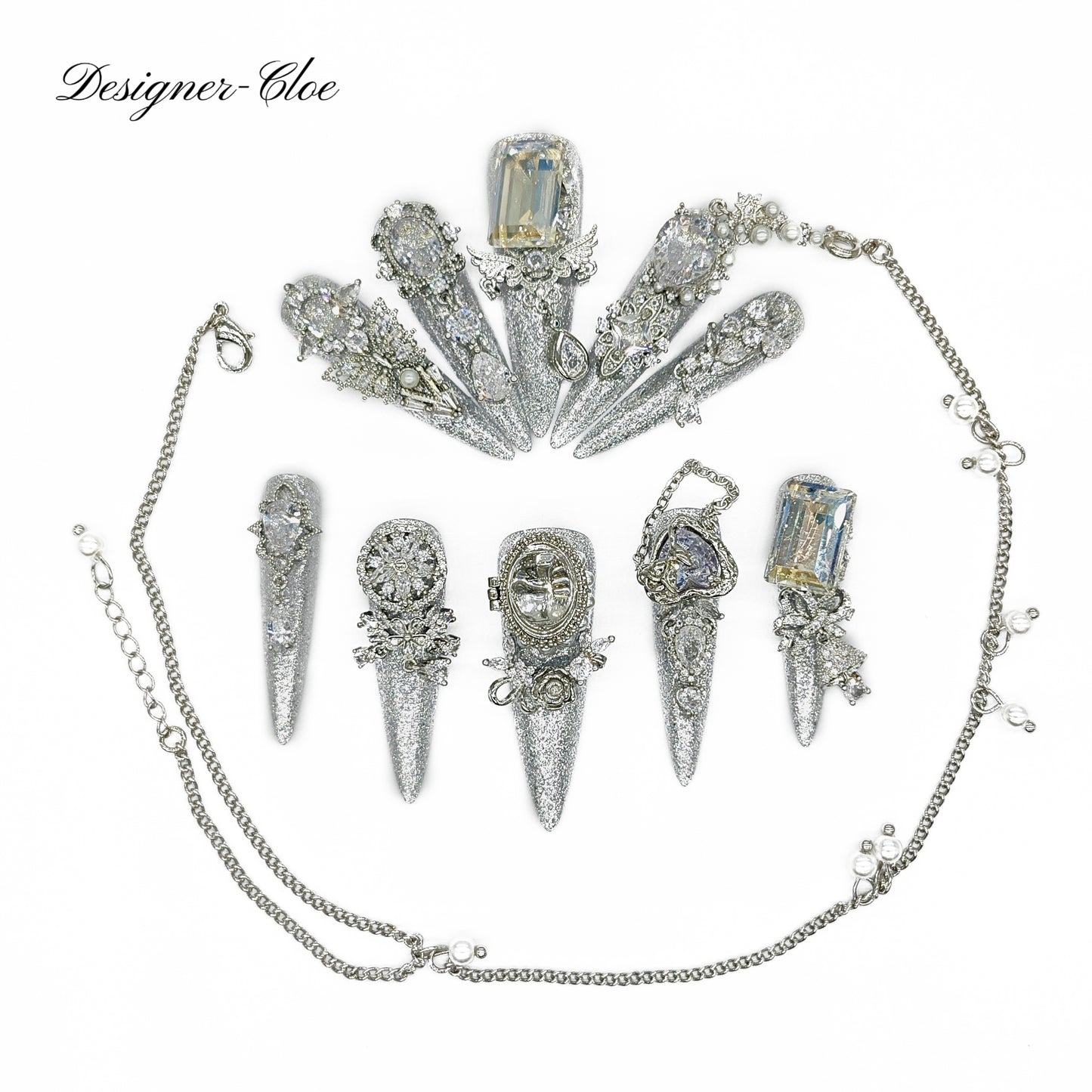 Finger Fantasy- Crystal Fantasy Luxury Rhinestone Handmade Press-On Nail Set with Gift Box & Greeting Card, 10pcs Elegant Nail Art Kit for Manicure, Perfect for Gifts and Holiday Glam(DM0022/30)