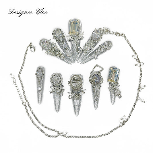 Finger Fantasy- Crystal Fantasy Luxury Rhinestone Handmade Press-On Nail Set with Gift Box & Greeting Card, 10pcs Elegant Nail Art Kit for Manicure, Perfect for Gifts and Holiday Glam(DM0022/30)