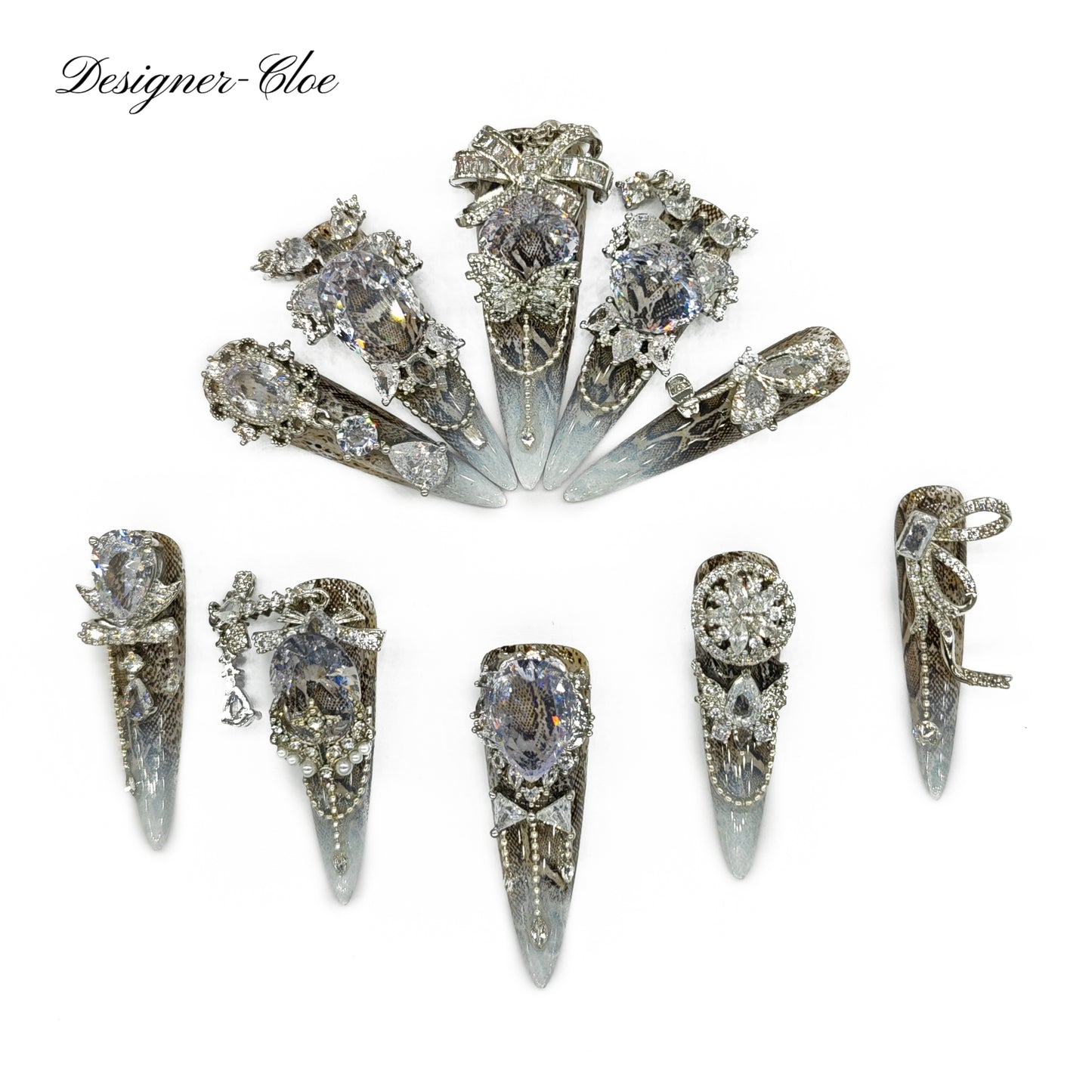 Finger Fantasy- Crystal Fantasy Luxury Rhinestone Handmade silver Press-On Nail Set with Gift Box & Greeting Card, 10pcs Elegant Nail Art Kit for Manicure, Perfect for Gifts and Holiday Glam(DM0013/36)