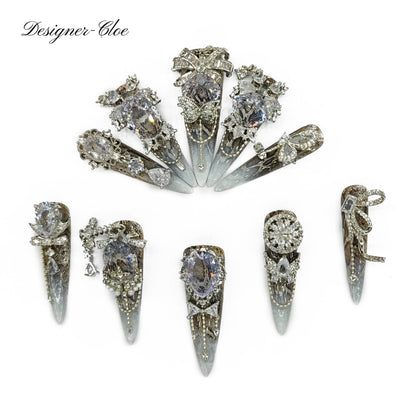 Finger Fantasy- Crystal Fantasy Luxury Rhinestone Handmade silver Press-On Nail Set with Gift Box & Greeting Card, 10pcs Elegant Nail Art Kit for Manicure, Perfect for Gifts and Holiday Glam(DM0013/36)