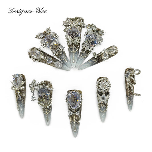Finger Fantasy- Crystal Fantasy Luxury Rhinestone Handmade silver Press-On Nail Set with Gift Box & Greeting Card, 10pcs Elegant Nail Art Kit for Manicure, Perfect for Gifts and Holiday Glam(DM0013/36)