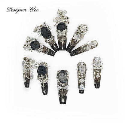 Finger Fantasy- Crystal Fantasy Luxury Rhinestone Handmade black snake Press-On Nail Set with Gift Box & Greeting Card, 10pcs Elegant Nail Art Kit for Manicure, Perfect for Gifts and Holiday Glam(DM0011/0012)