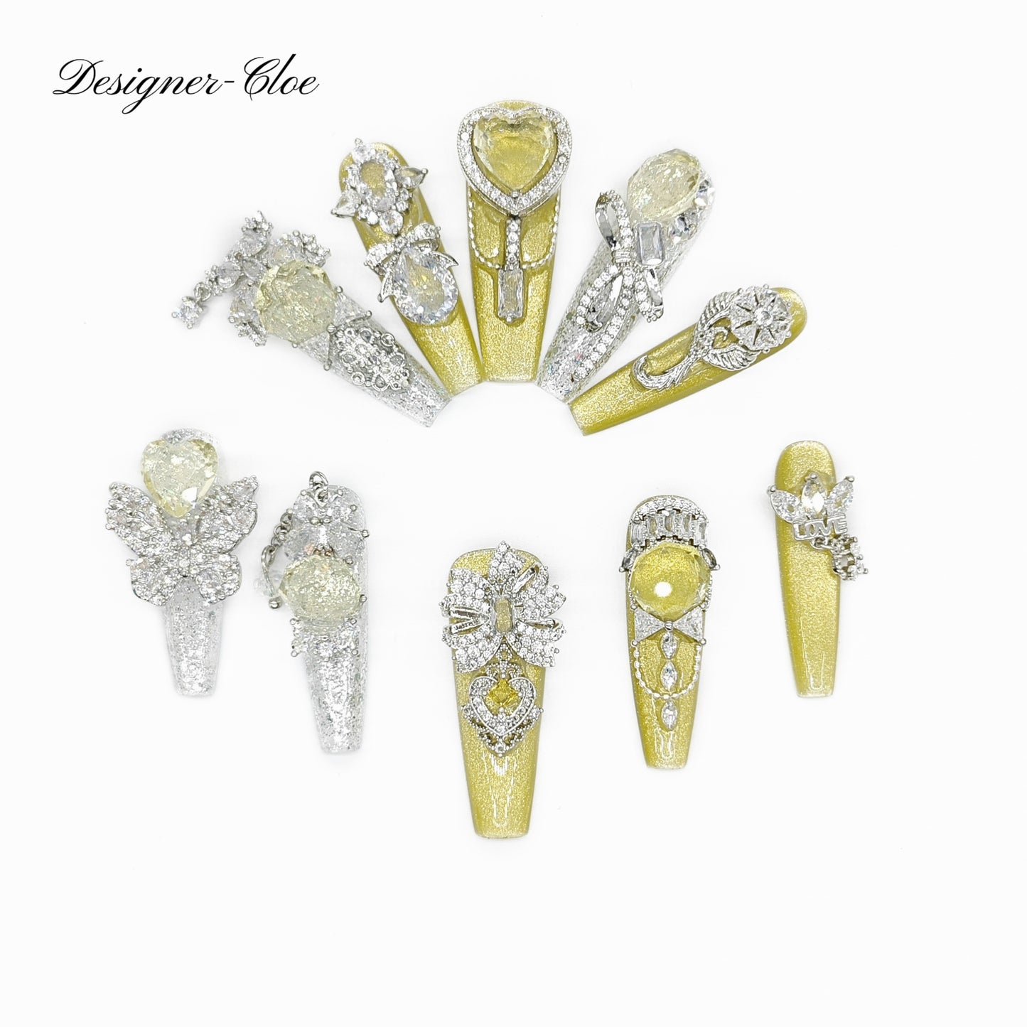 Finger Fantasy- Crystal Fantasy Luxury Rhinestone Handmade Press-On Nail Set with Gift Box & Greeting Card, 10pcs Elegant Nail Art Kit for Manicure, Perfect for Gifts and Holiday Glam(DM0018-21/24/25)