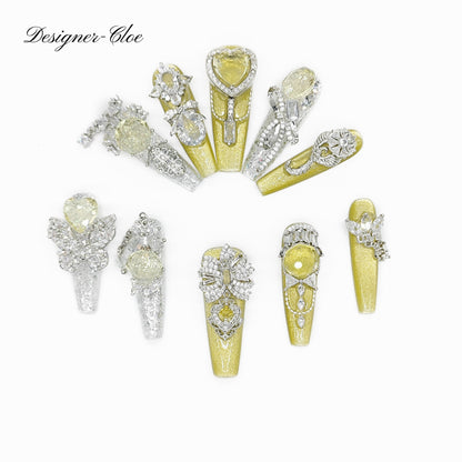 Finger Fantasy- Crystal Fantasy Luxury Rhinestone Handmade Press-On Nail Set with Gift Box & Greeting Card, 10pcs Elegant Nail Art Kit for Manicure, Perfect for Gifts and Holiday Glam(DM0018-21/24/25)