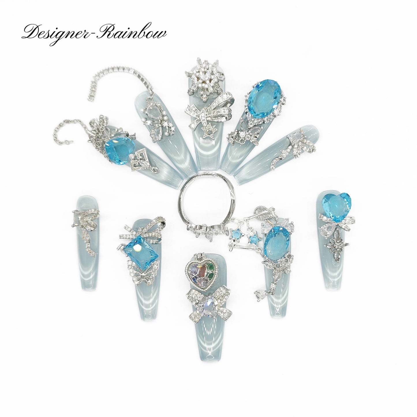 Finger Fantasy- Crystal Fantasy Luxury Rhinestone Handmade Press-On Nail Set with Gift Box & Greeting Card, 10pcs Elegant Nail Art Kit for Manicure, Perfect for Gifts and Holiday Glam(DM0116/117)