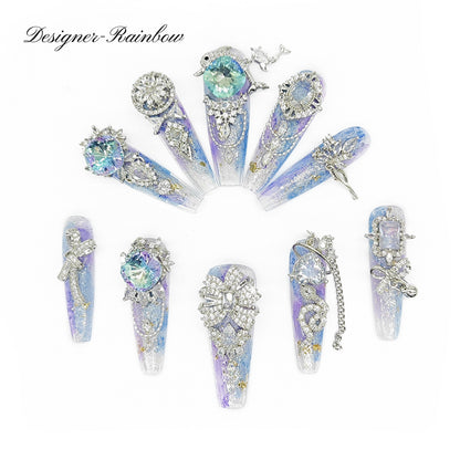 Finger Fantasy- Crystal Fantasy Luxury Rhinestone Handmade Press-On Nail Set with Gift Box & Greeting Card, 10pcs Elegant Nail Art Kit for Manicure, Perfect for Gifts and Holiday Glam(DM0083/89/90)